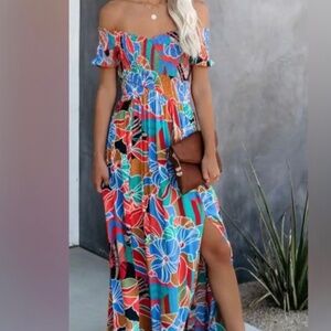 Vici Aakaa Put it in Print Vibrant Floral Off-Shoulder Smocked Maxi Dress